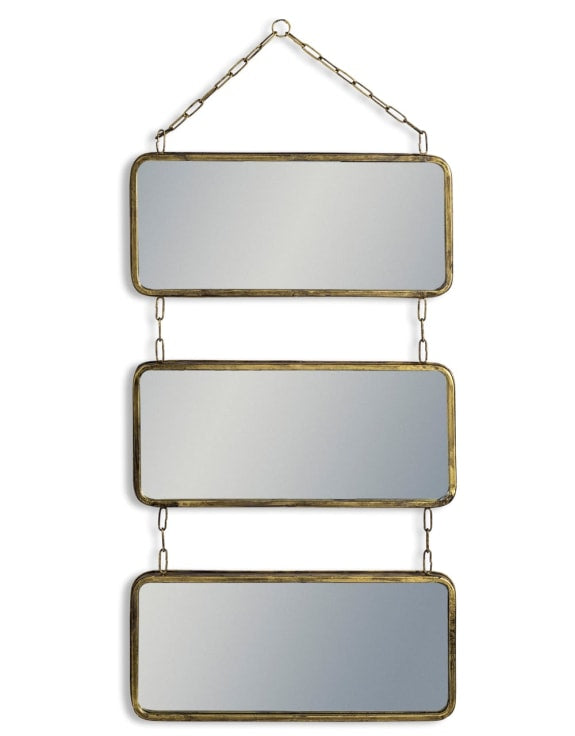 Antique Gold Metal 3 Piece Wall Mirror On Chain