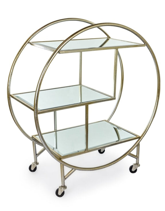 Antiqued Silver/Champagne Round Metal Bar Trolley Mirror Shelves