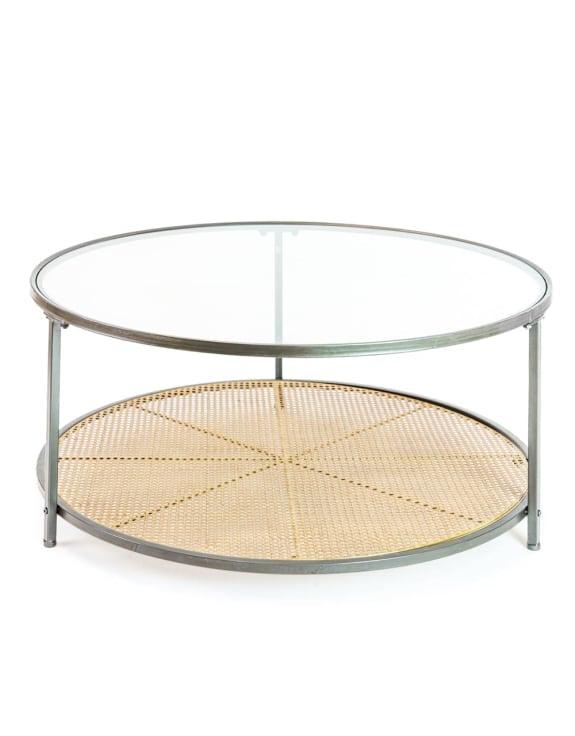 Iron, Glass & Rustic Metal Rattan Round Coffee Table
