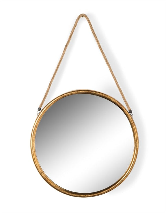 Large Round Gold Metal Mirror On Hanging Rope With Hook