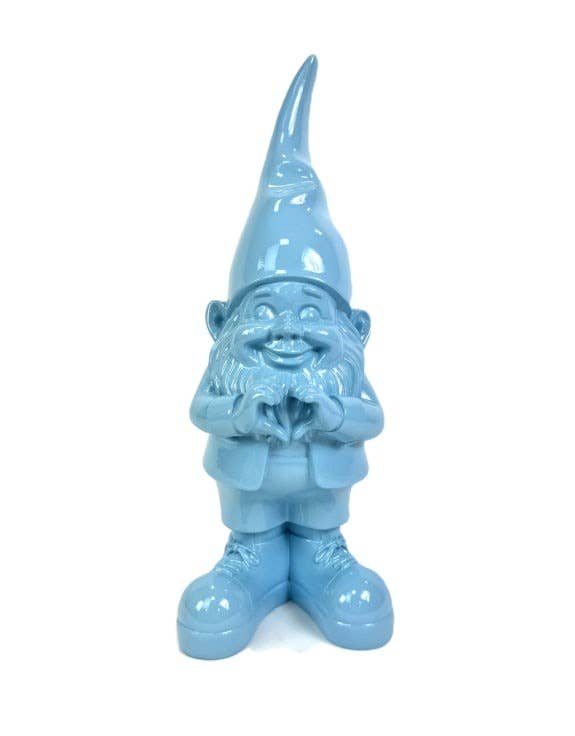 Blue garden gnome figurine on a white background