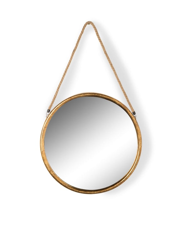 Medium Round Gold Metal Mirror On Hanging Rope With Hook
