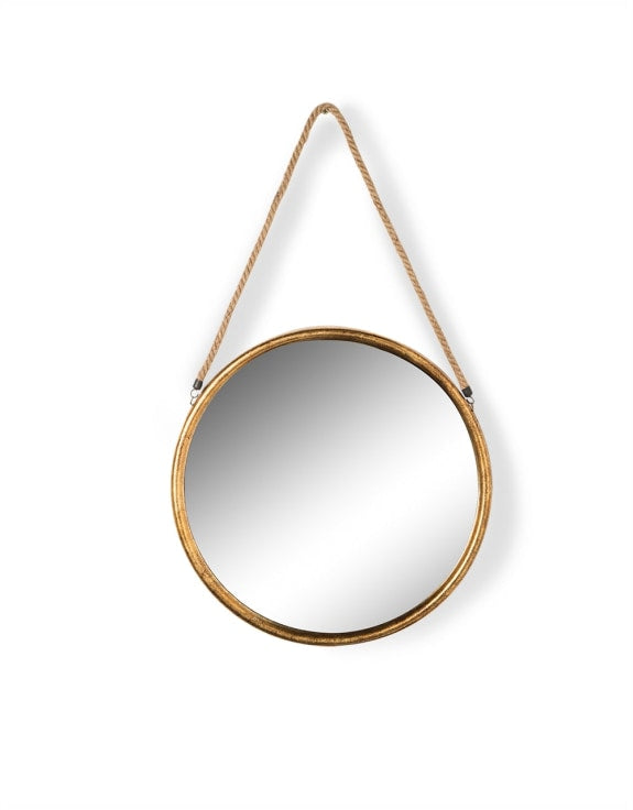 Small Round Gold Metal Mirror On Hanging Rope With Hook