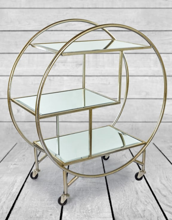 Antiqued Silver/Champagne Round Metal Bar Trolley Mirror Shelves in situ