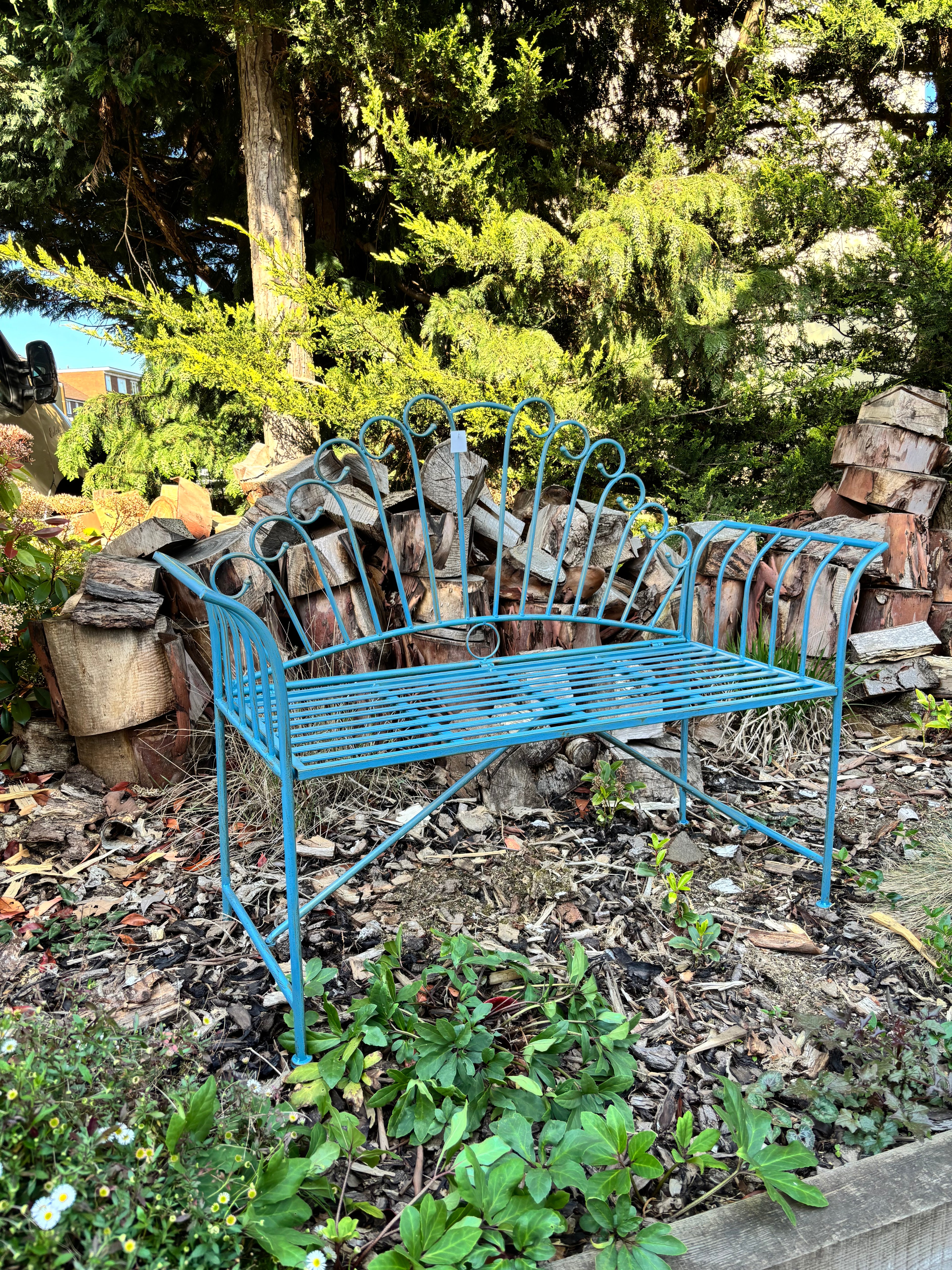 Vintage Metal Garden Bench – Rustic Blue Finish