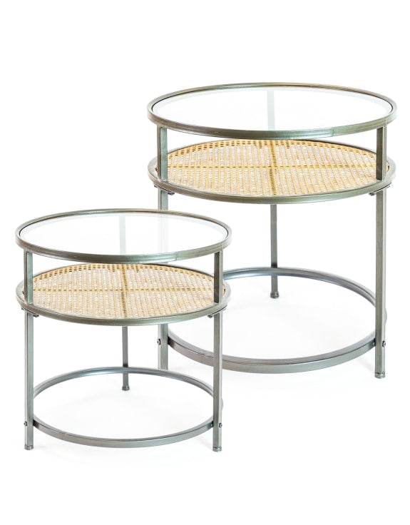 Iron, Glass &amp; Rustic Metal Rattan Set Of 2 Round Side Tables