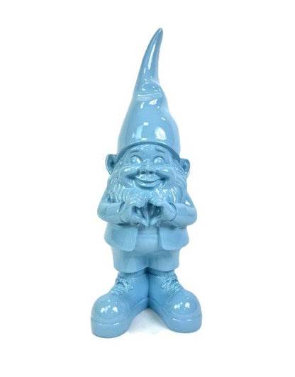 Blue garden gnome figurine on a white background