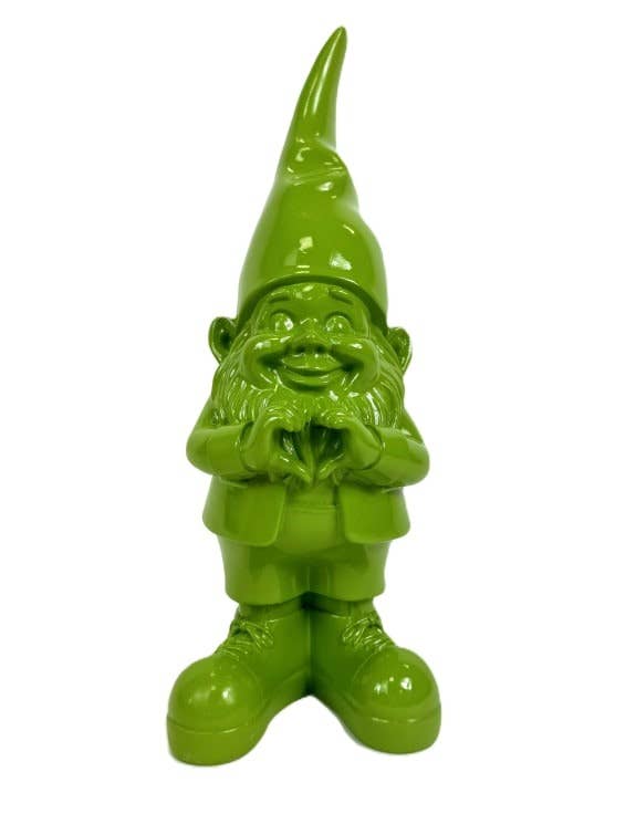Green garden gnome figurine on a white background