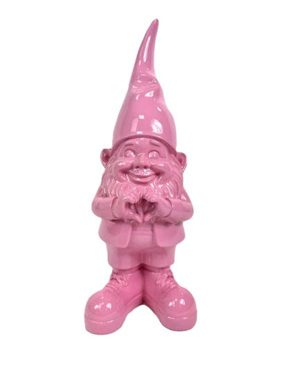 Pink garden gnome figurine on a white background