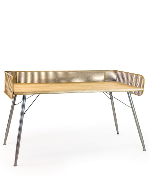 Rustic Metal Rattan &amp; Wood Retro Desk/Console Table